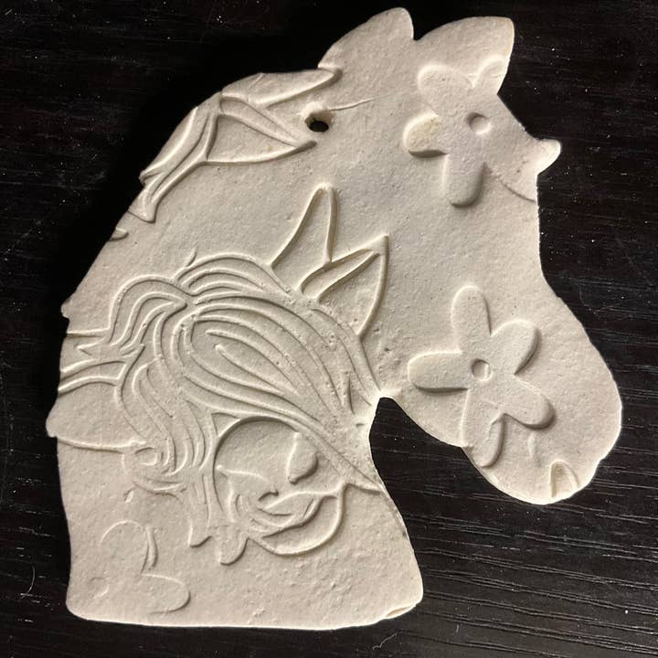 Horse with Print Ornament- Ready To Paint Ceramic Bisque for wholesale by Painted Color Ceramics