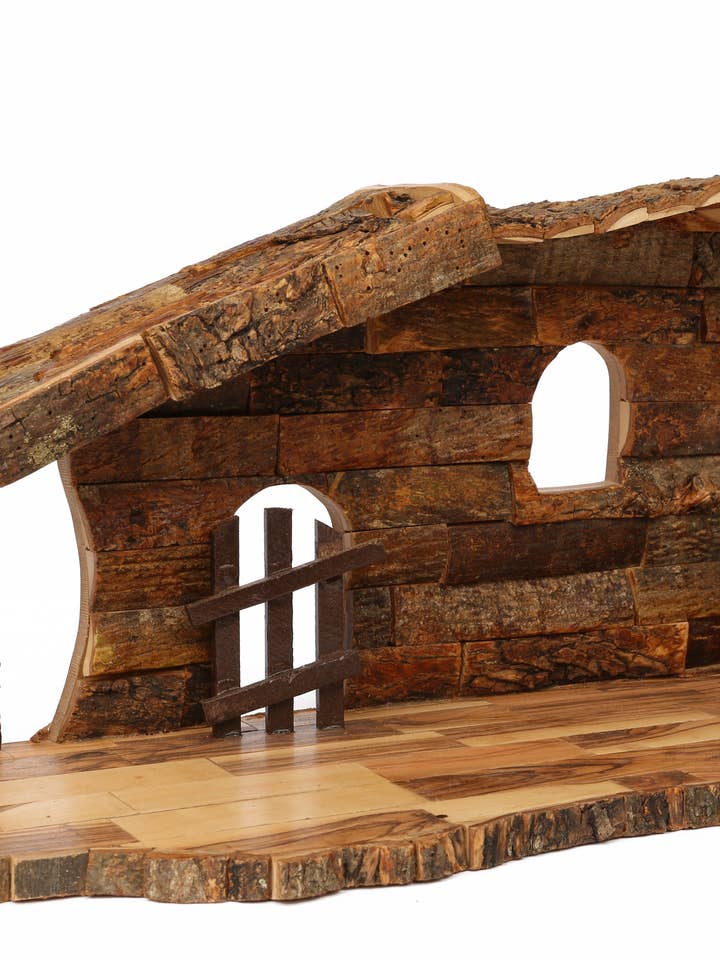 Crèche en bois d'olivier_ Étable avec portail uniquement pour la vente par Holyland Artisans
