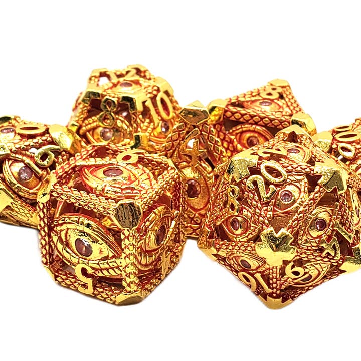 Hollow Metal 7-Piece Set - All Seeing Eye - Gold w/ Red for wholesale by Old School Dice