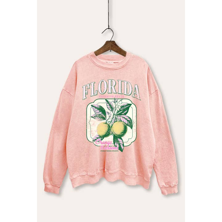 FLORIDA ORANGES FRUIT GRAPHIC MINERAL WASH SWEATSHIRT for wholesale by VINTAGE POINT USA