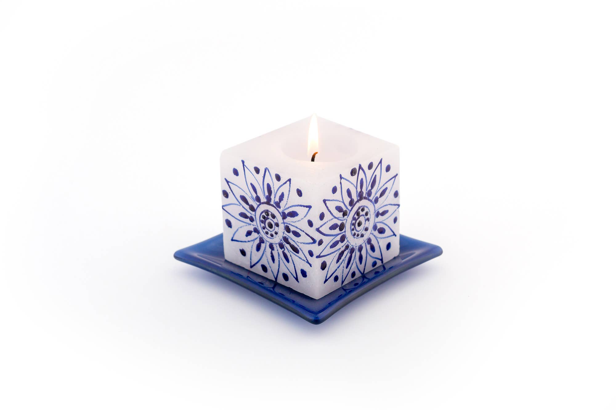 Thumbprint Artifacts - Wholesale Tapered Candle/Candlestick - Henna Blue on White Candle6