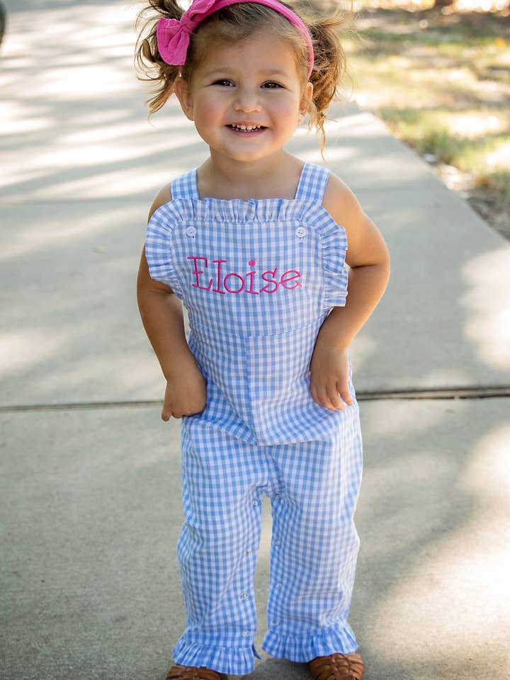 Love That Cotton - Wholesale Jumpsuit - Baby - Girls Ruffle Longall- BLUE GINGHAM1