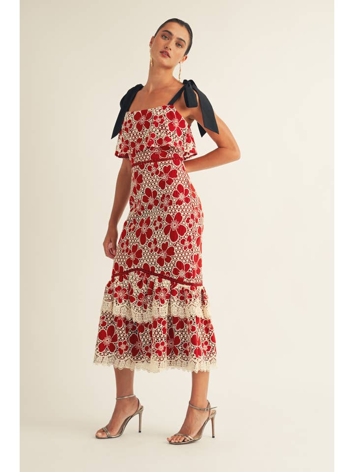 JUST ME - Wholesale Dress - Women's - Flower Embo Lace Ruffle Bottom Midi Dress3