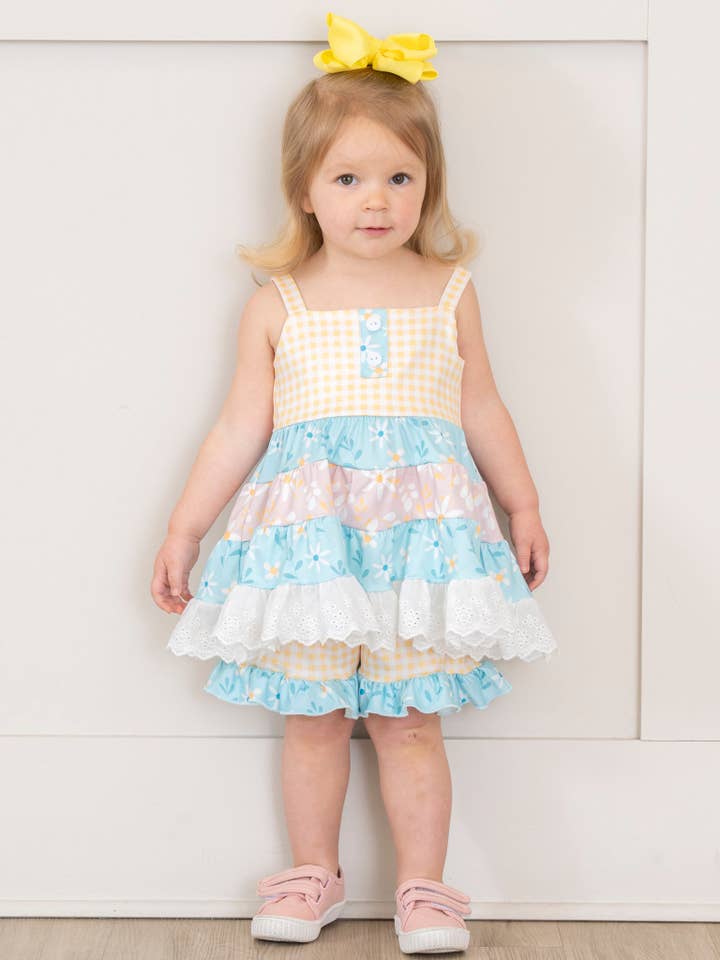 Marie Nicole Clothing - Wholesale Top & Short Set - Kids - Sweet Gingham Floral Ruffle Outfit