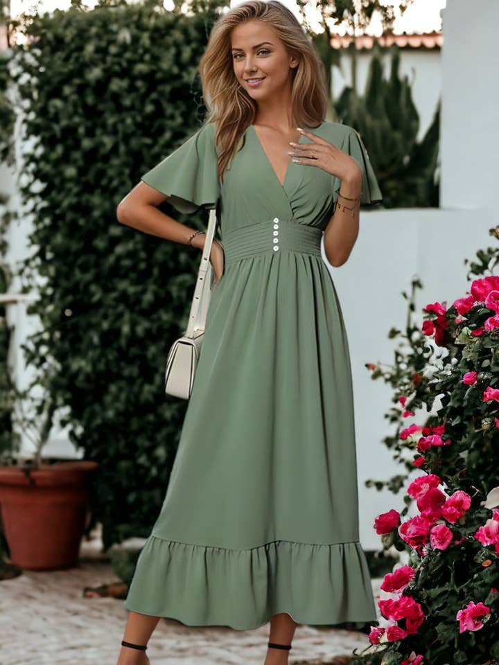 V-Neck Flared Ruffle Sleeve Button Detail Dress for wholesale by Anna Kaci Wholesale