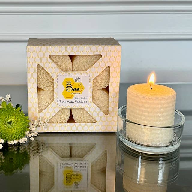 Little Bee of Connecticut - Venta al por mayor Vela votiva - Votivos de cera de abeja pura, enrollados a mano, paquete de 4
