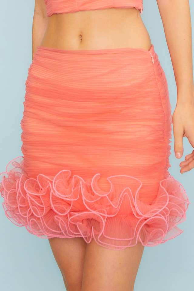 Main Strip - Wholesale Skirt - Women's - Side Zipper Layered Ruffle Hem Organza Mini Skirt