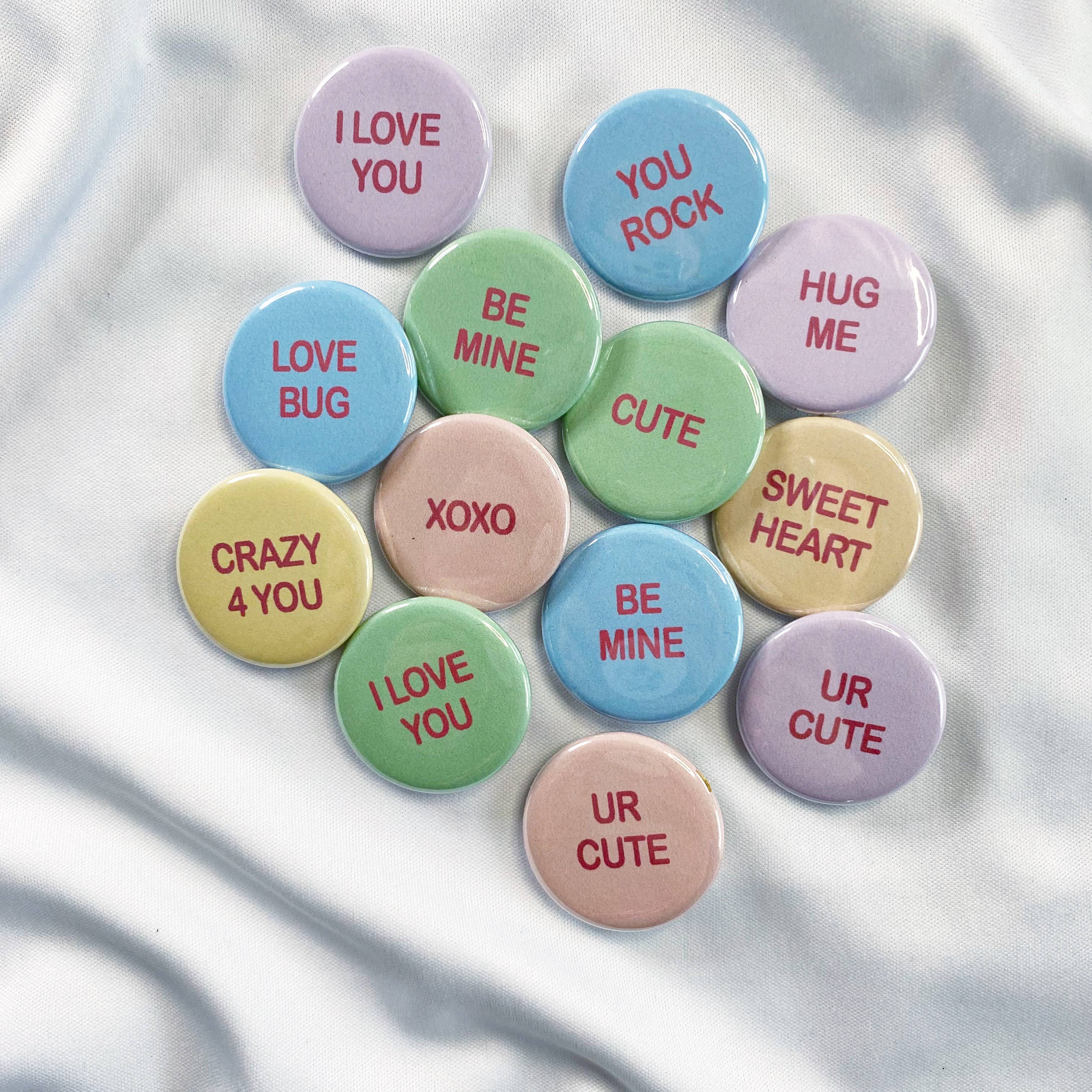 candy heart sayings pinback buttons for selling individually for wholesale by whimsy & zest