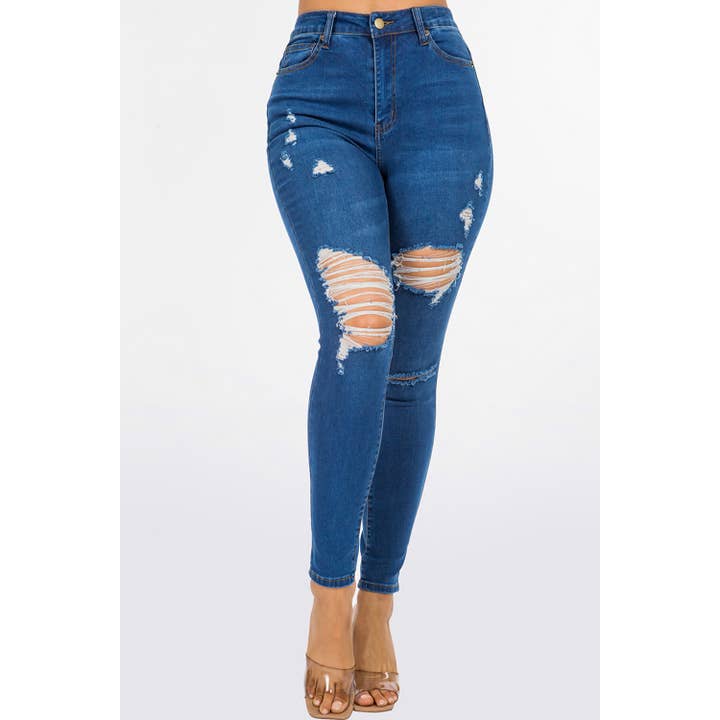 High Rise Skinny Jean Médio Azul YH2211 por atacado de Blue Turtle