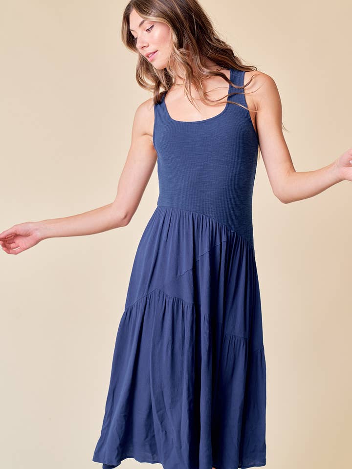 ASYMMETRICAL TIERED MIDI DRESS - 27440D for wholesale by Doe and Rae