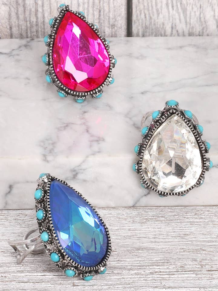 Western Teardrop Cut Crystal Stretch Ring for wholesale by SP Sophia Collection