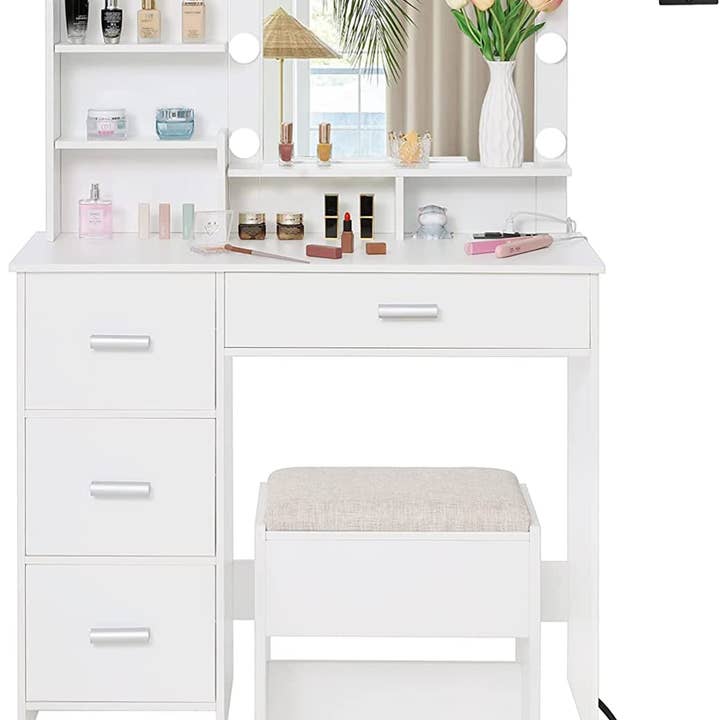 White Vanity Desk with Lighted Mirror and Charging Station for wholesale on Faire