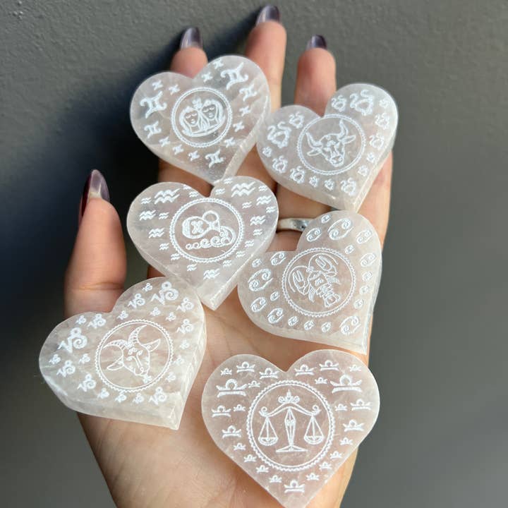 Sapphire & Sage - Wholesale Spiritual Stone/Crystal - Selenite Etched Zodiac Heart Crystal Carving