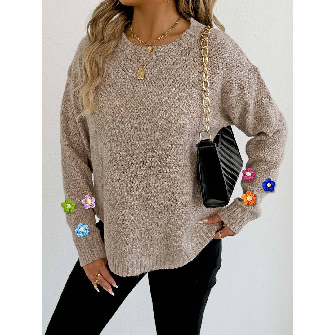 UNISHE - Wholesale Knit Sweater - Women's - Hand-Crocheted Floral Patchwork Round Neck Sweater OYM253