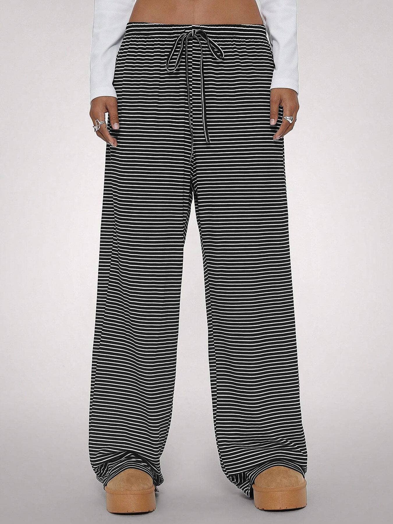 HIDDENBRAND - Wholesale Pants - Women's - Casual drawstring striped print wide-leg lounge pants5