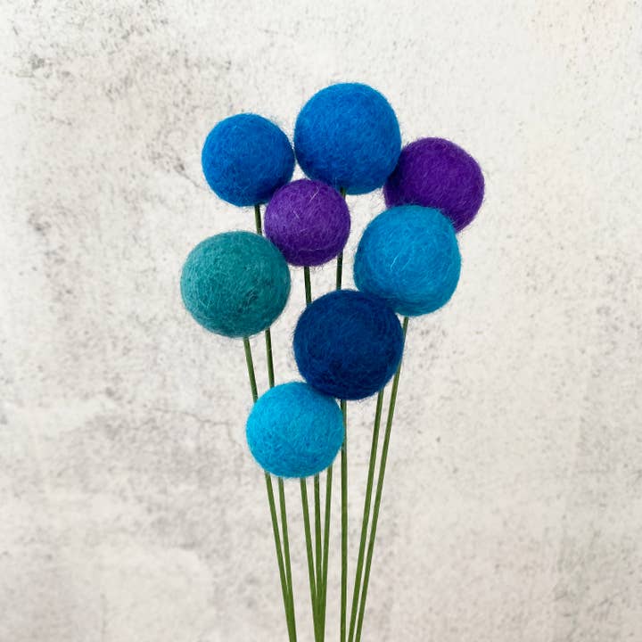 Set of 8 Felt Wool Flower Ball Bouquet Blue Skies for wholesale by Oakwind Hollow
