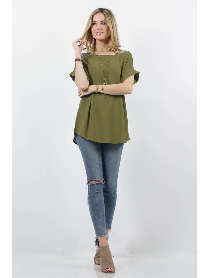 42POPS - Wholesale Blouse - Women's - "...._ SI-15944 WOVEN HEAVY DOBBY ROLLED SLEEVE BOAT NECK TOP