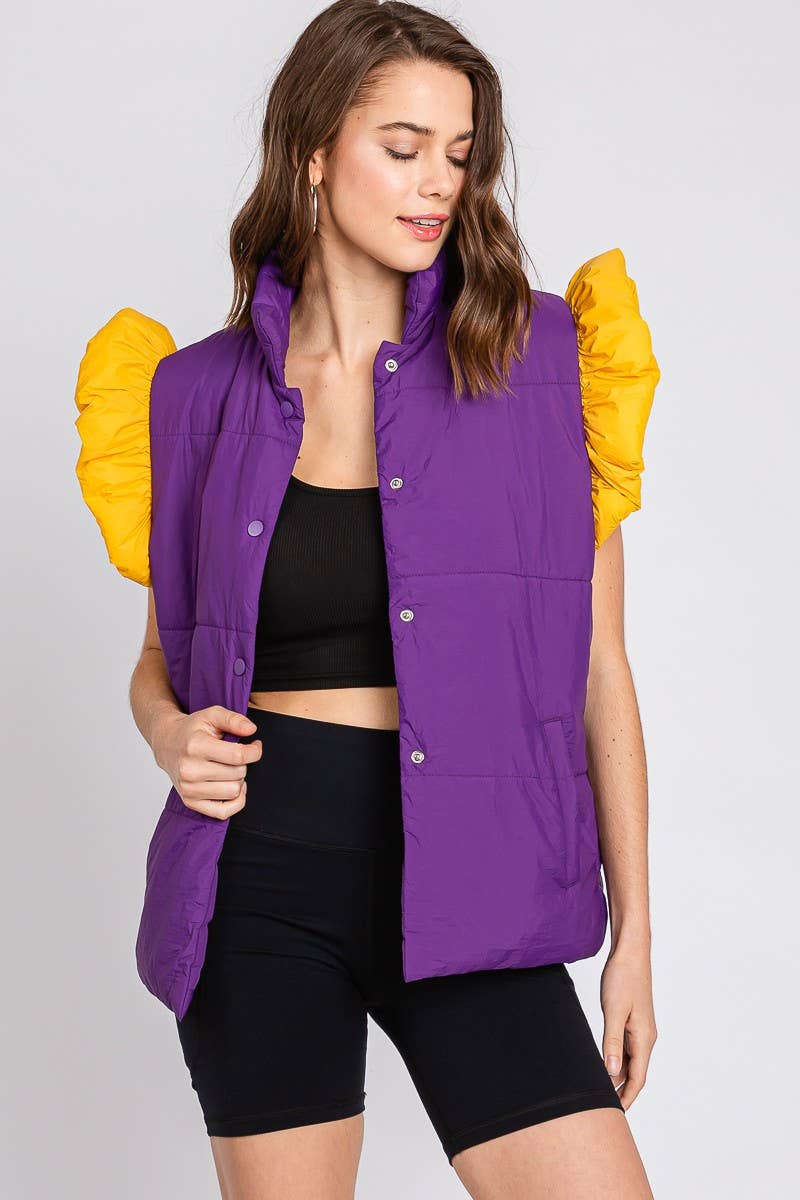 Sewn and Seen - Wholesale Outerwear Vest - Women's - PUFF SNAP BUTTON COLORBLOCK HIGH NECK VEST0