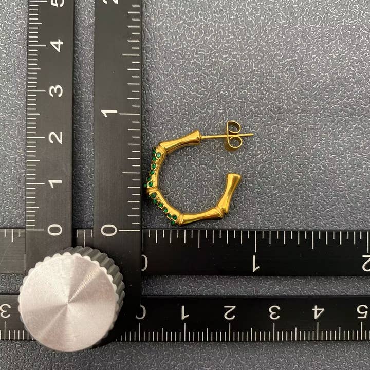 Mio Queena - Wholesale Hoop Earrings - Green CZ Bamboo 18K Golden S.Steel Hoop Earrings - FGS3