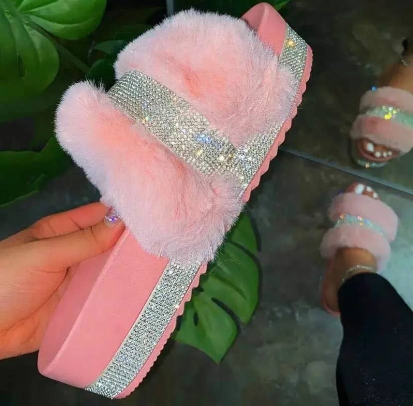 SugarQuoteMeNot LLC - Wholesale Slides - Women's - ***New Color***Furry Diamond Bling Slides2
