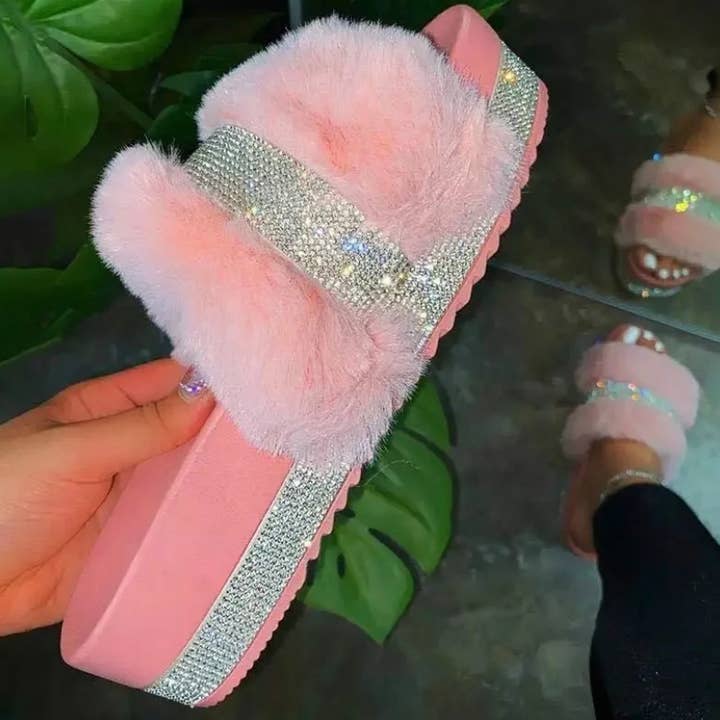 SugarQuoteMeNot LLC - Wholesale Slides - Women's - ***New Color***Furry Diamond Bling Slides2