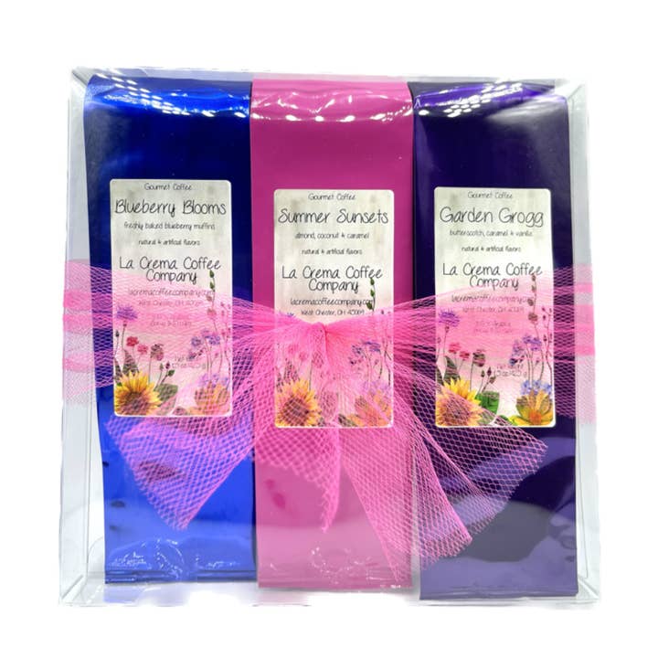 Summer Wildflower Coffee Trio –In an Acetate Box with Bow for wholesale by La Crema Coffee Company