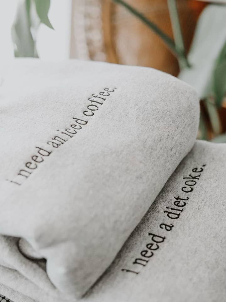 I need an iced coffee embroidered crewneck for wholesale by Rooted Grace Co