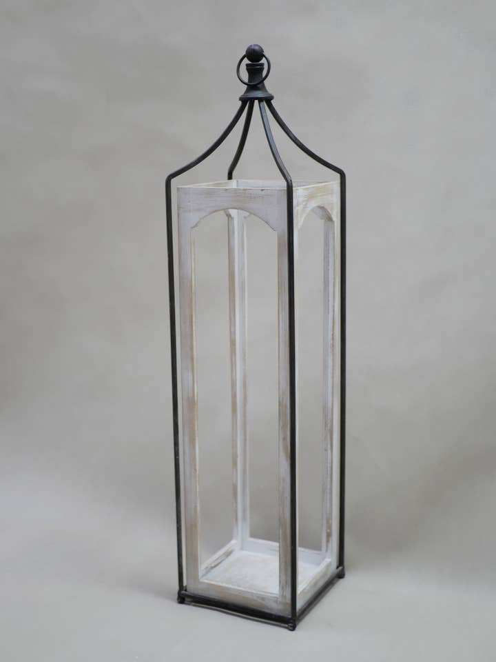 White Washed Wood & Metal Lantern 8.75x8.75x37.75 for wholesale by The Light Garden Collection