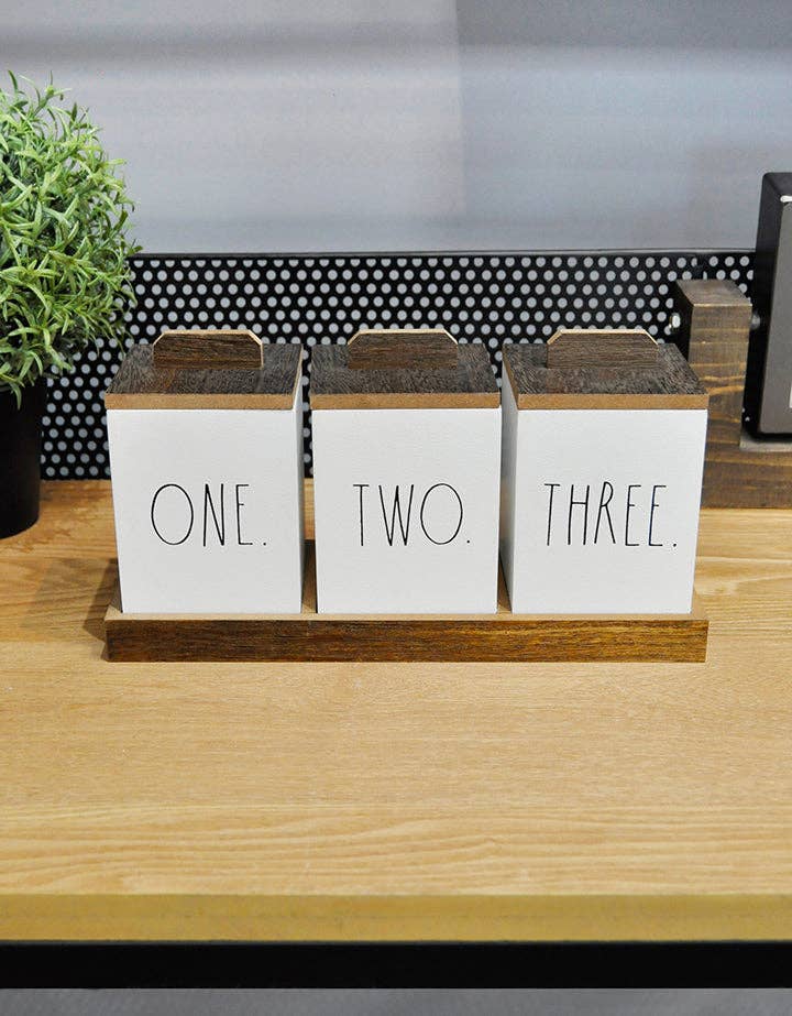 DesignStyles Home - Wholesale Kitchen Storage/Organizer - Rae Dunn Set of 3 Wooden Kitchen Canisters with Wooden Tray1