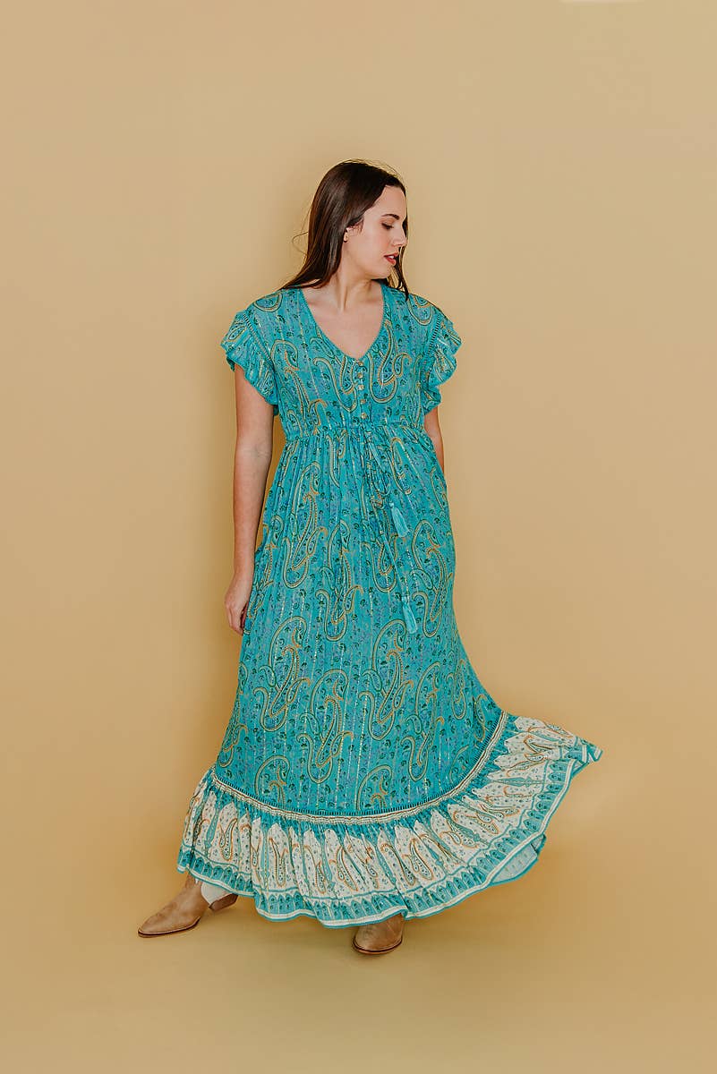 Lula Natura - Vente Robe – femme - Robe verte Selene à manches courtes et boutonnière2