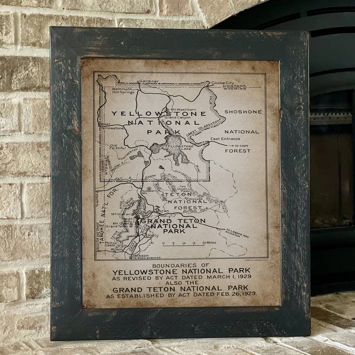 Yellowstone & Grand Teton 1929 Vintage-Karte Gerahmte Kunst für den Großhandel von Swinford Designs