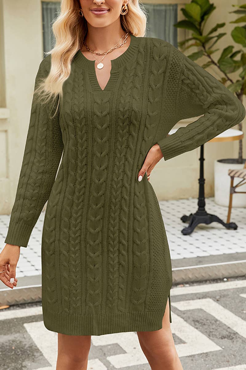 Lily Clothing - Wholesale Dress - Women's - LONG SLEEVE V NECK TWO SIDE SLIT SWEATER DRESS_CWDSD16967