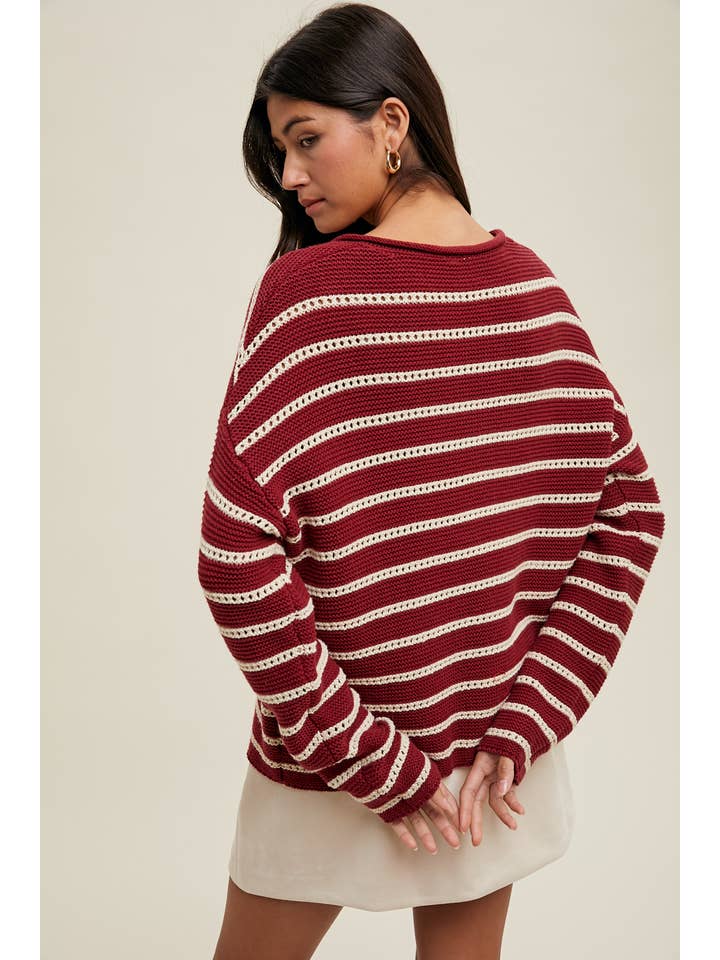 BURGUNDY ECRU STRIPED CROCHET BUTTON-UP SWEATER CARDIGAN / WL25-10604 for wholesale on Faire3
