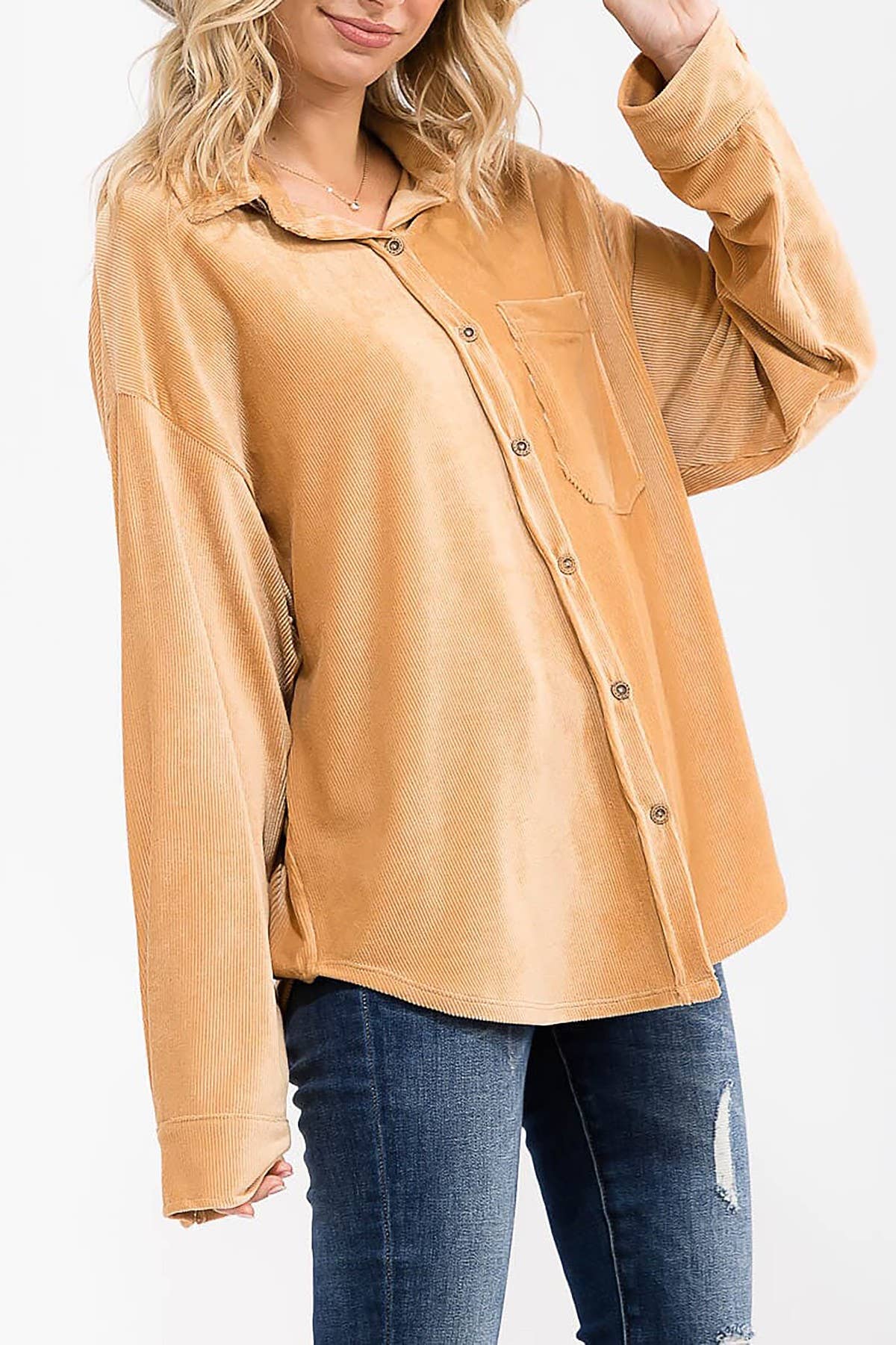 ROUSSEAU - Wholesale Button Down Shirt - Women's - OVERSIZED CORDUROY BUTTON DOWN POCKET FRONT TOP0