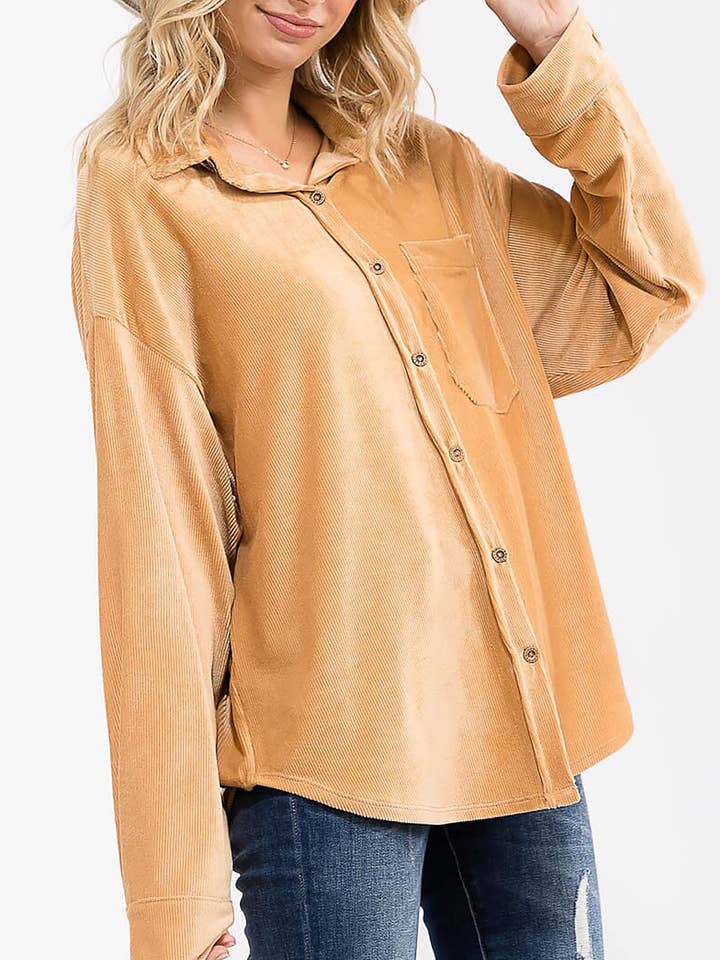 ROUSSEAU - Wholesale Button Down Shirt - Women's - OVERSIZED CORDUROY BUTTON DOWN POCKET FRONT TOP0