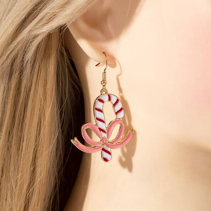 Colorful Cane Bow Christmas Earrings for wholesale by MKS America