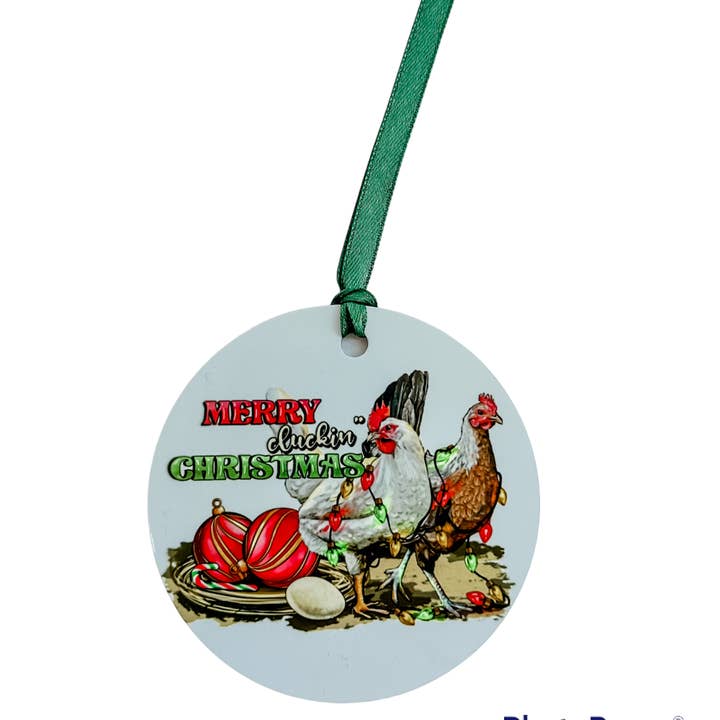 Christmas Ornament - Chickens "Merry Cluckin Christmas" for wholesale by Dusty & Delilah Designs