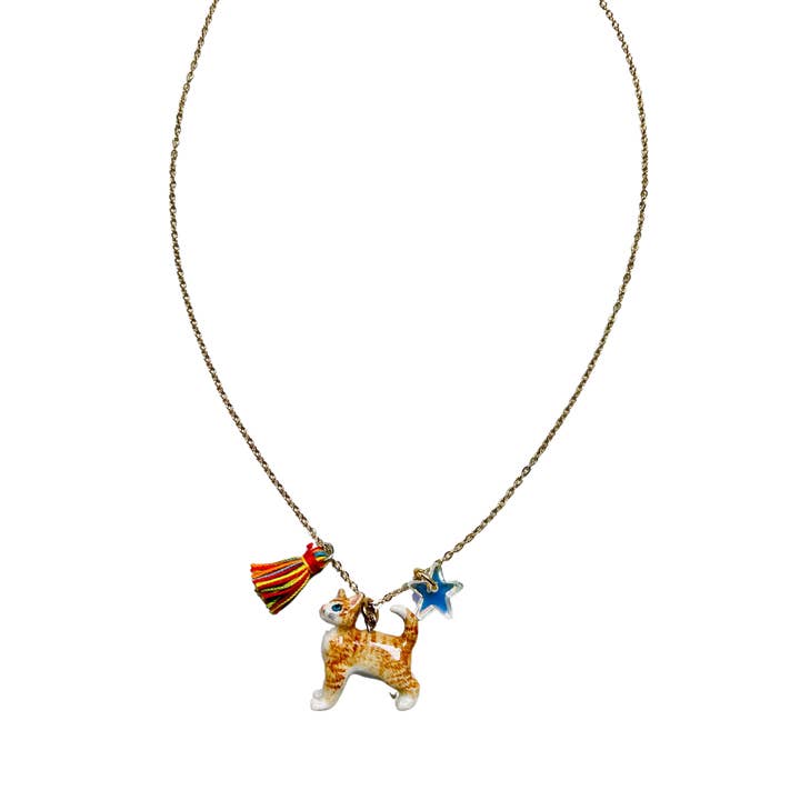 Orange Cat Ceramic, Star, Tassel Kids or Adults Necklace for wholesale by Sadie’s Moon