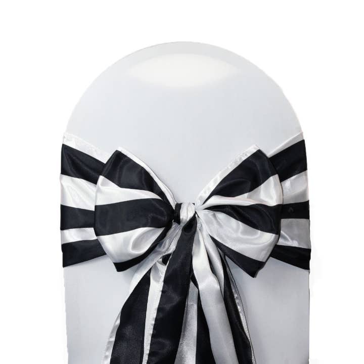 YOUR CHAIR COVERS - Wholesale Chair/Sofa Slipcover - Satin Sashes Black/White Striped (Pack of 10)