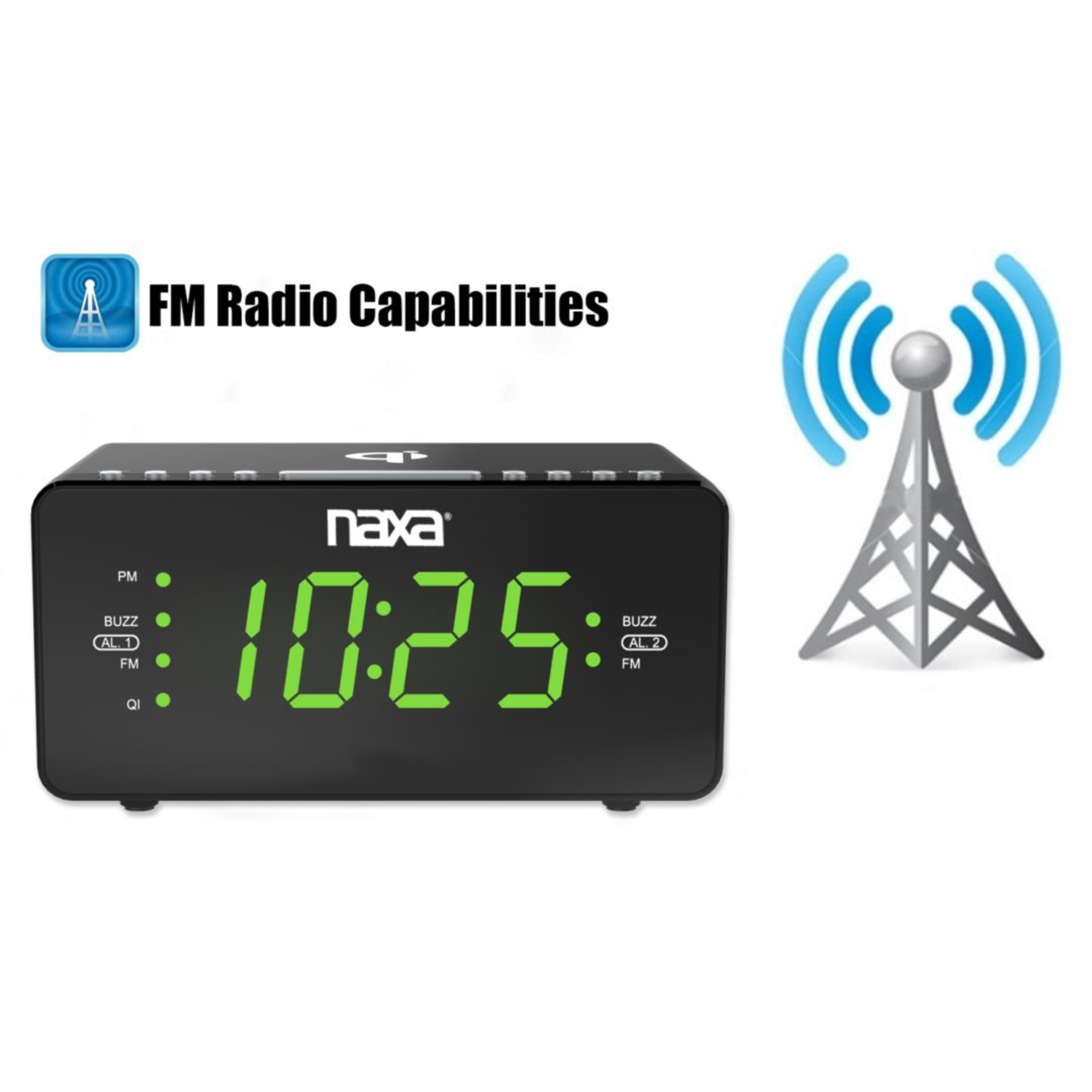 JupiterGear Home – wholesale Alarm clock – Naxa Dual Alarm Clock w Qi Wireless Charging & FM Radio3