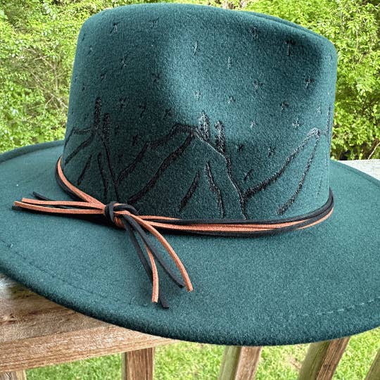 She's Crafty AVL - Wholesale Fedora - Women's - Western Fedora Hat with Pyrography Mountains & Moon Design