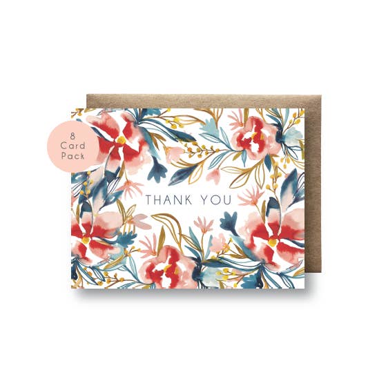 Juego de 8 tarjetas, acuarela floral Thank You para venta al por mayor de Maija Rebecca Hand Drawn