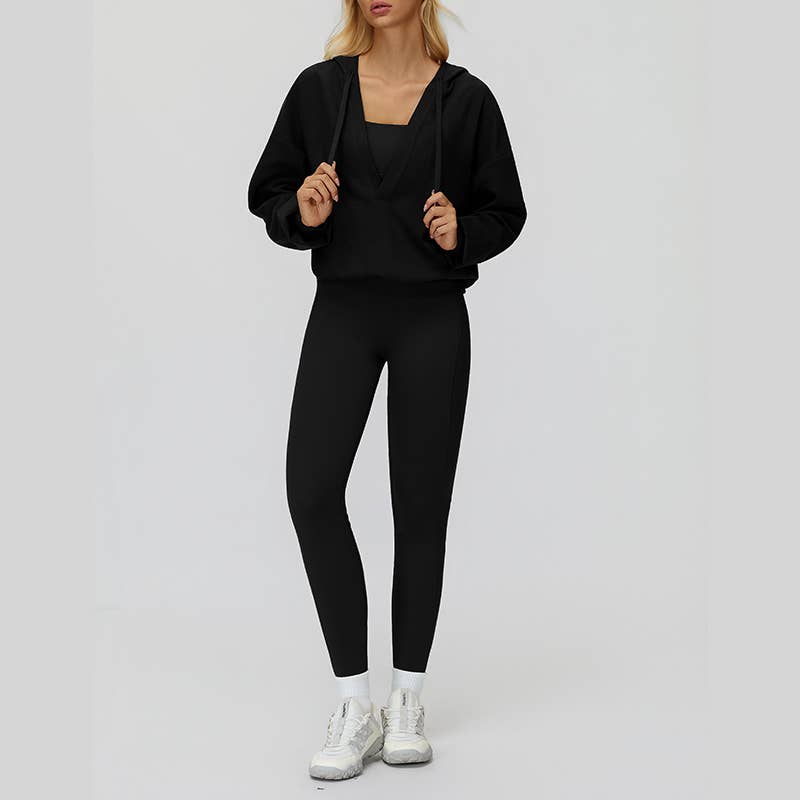 WONDERXFANS - Vendita all'ingrosso Completo sportivo - Donna - Giacca con cappuccio a V+Top sportivo+Leggings a vita alta0