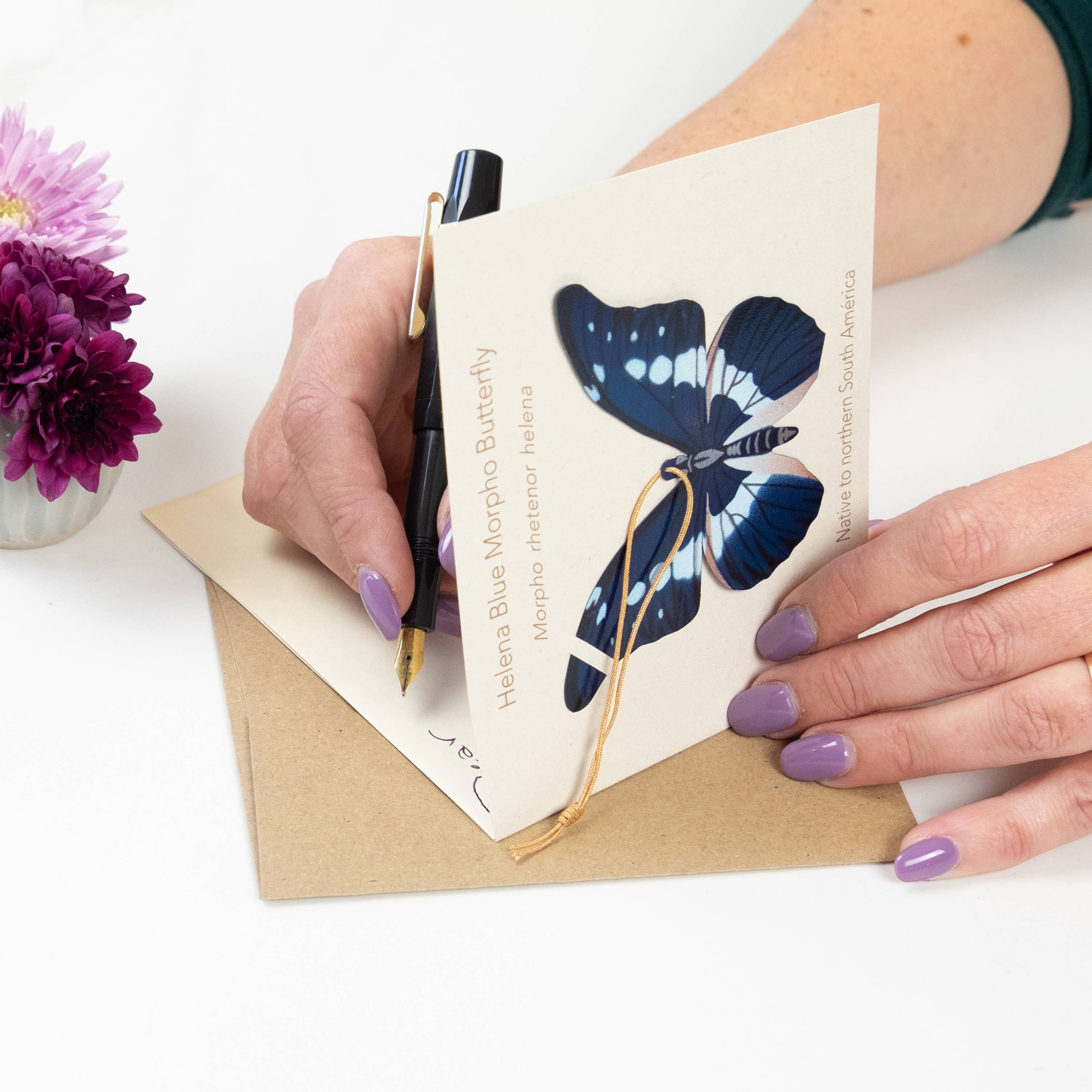 Tulia's Artisan Gallery - Wholesale Bookmark - Blue Morpho Butterfly Ornament + Notecard1