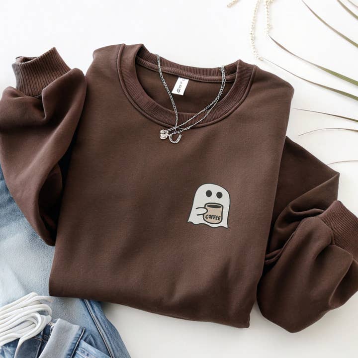 EMBROIDERED Ghost Crewneck Sweatshirt Coffee Lover Fall Crew for wholesale by P E T I T R U E
