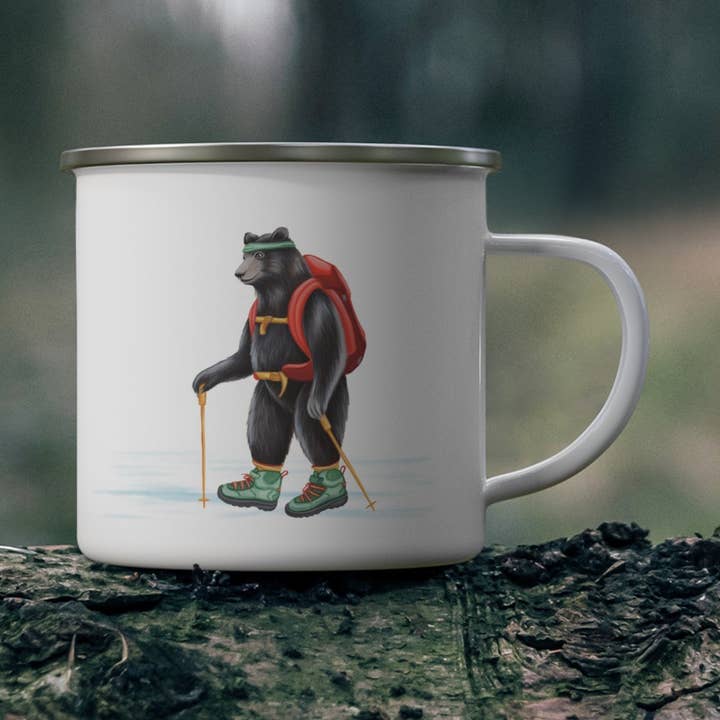 Bear hiking enamel mug with stainless rim for wholesale by Sardines Studio