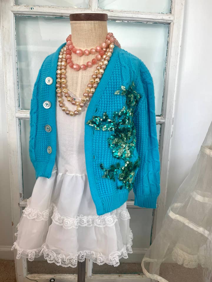 Turquoise teal girl's sweater cardigan with sequins for wholesale by Farm Charm Couture
