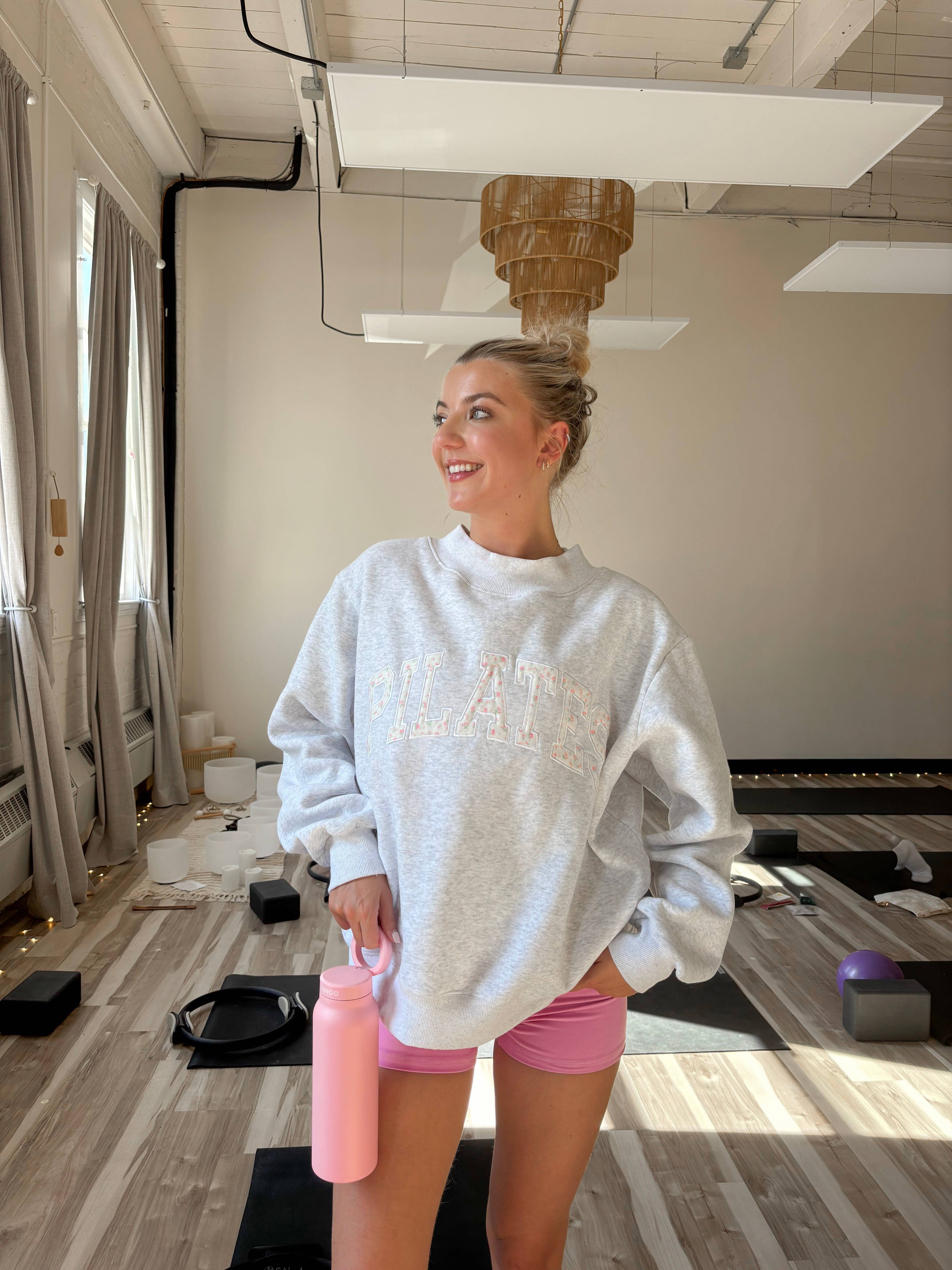 Pearl Grey Mockneck Pilates Embroider Sweatshirt for wholesale on Faire1