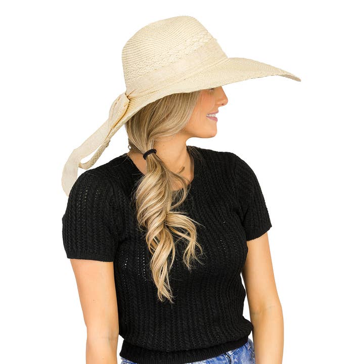Cap Zone - Wholesale Straw Hat - Women's - Scallop Hem Burlap Chiffon Bow Paper Straw Floppy Sun Hat