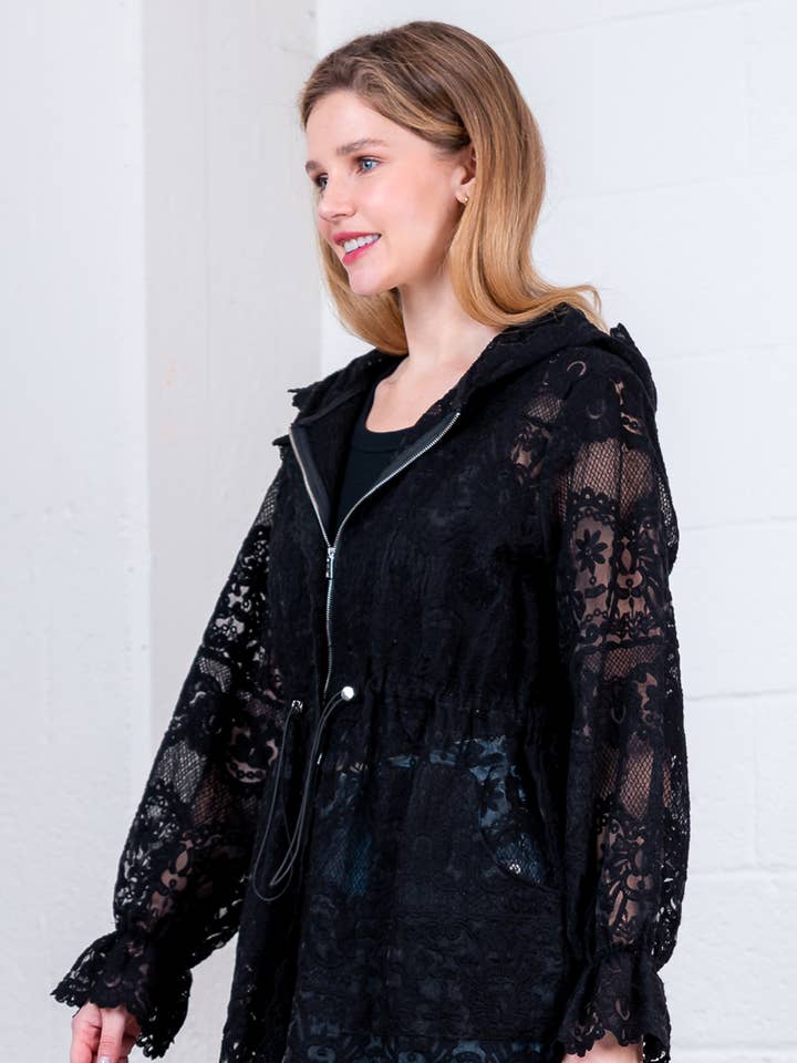 Taelynn - Wholesale Jacket - Women's - HJ75171T-LONG ELASTICIZED HOODED LACE JACKET2